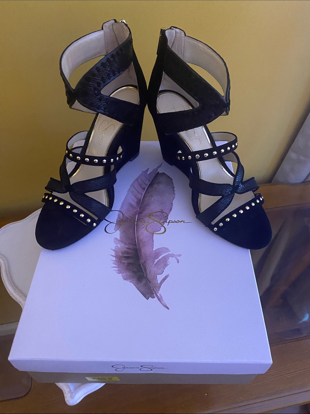 Jessica Simpson Black Studded Crisscross Wedge Sandals